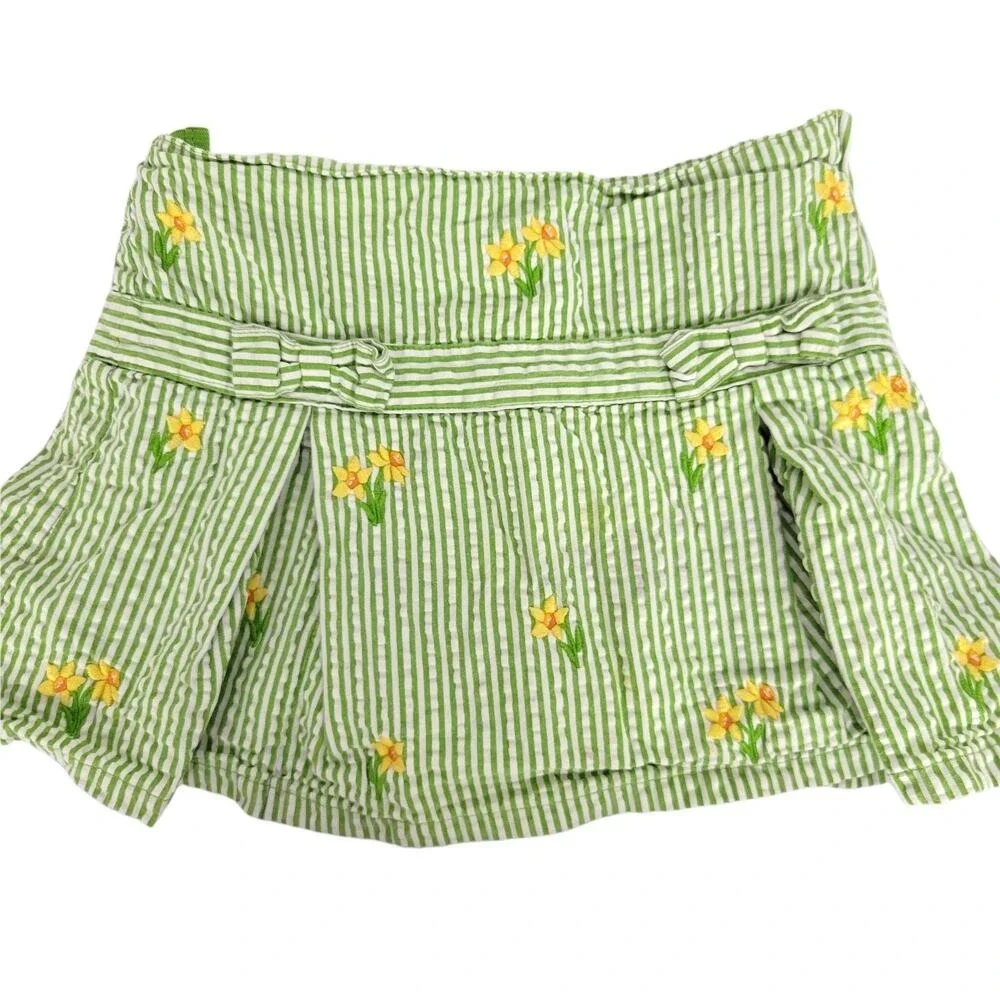 Kids Green Daffodil Embroidered Skort Pleated Bow Waist Size 4‎